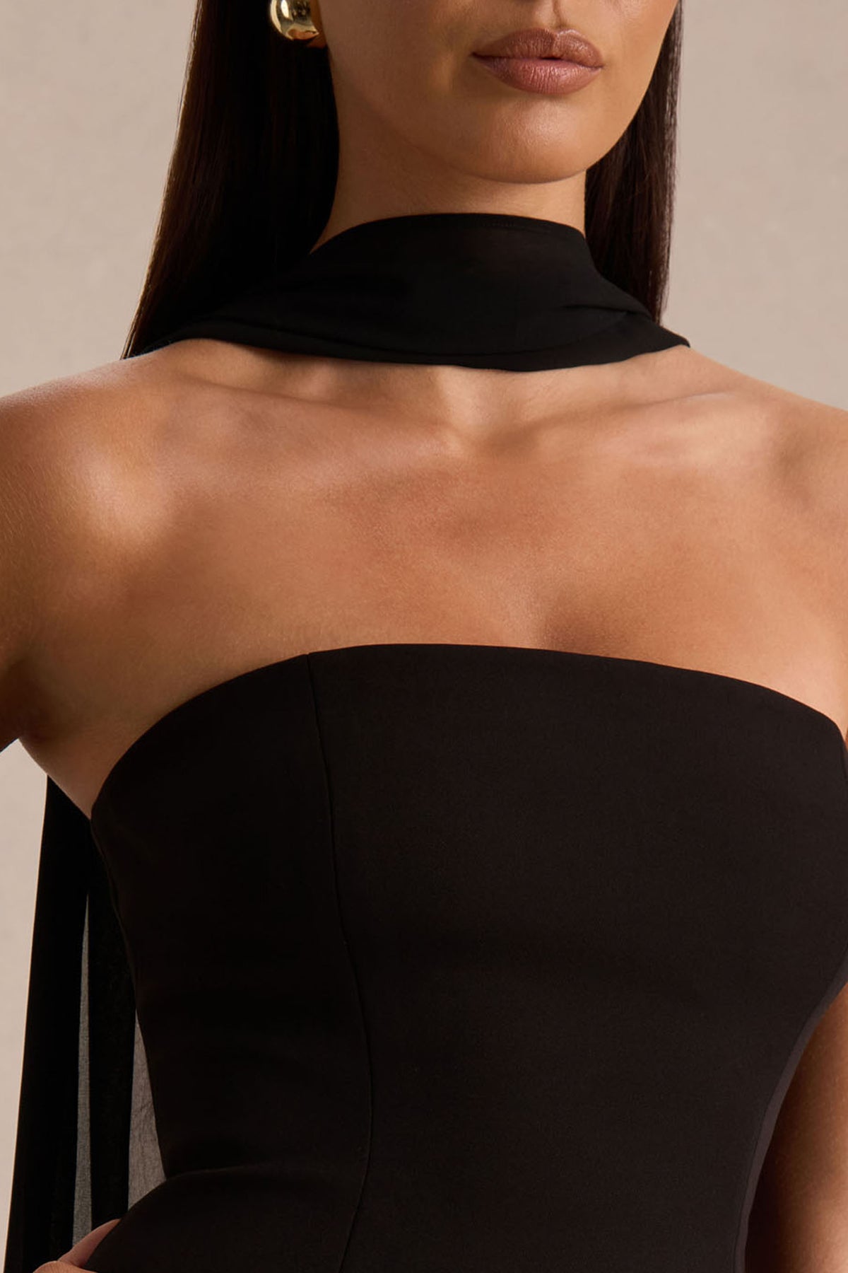 Black Bandeau-Neck Mini Dress With Scarf Detail