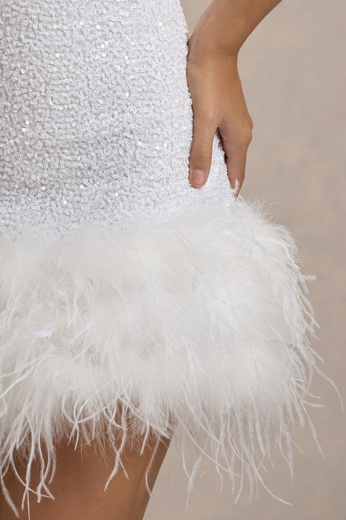 White Sequin High-Neck Feather Trim Mini Dress