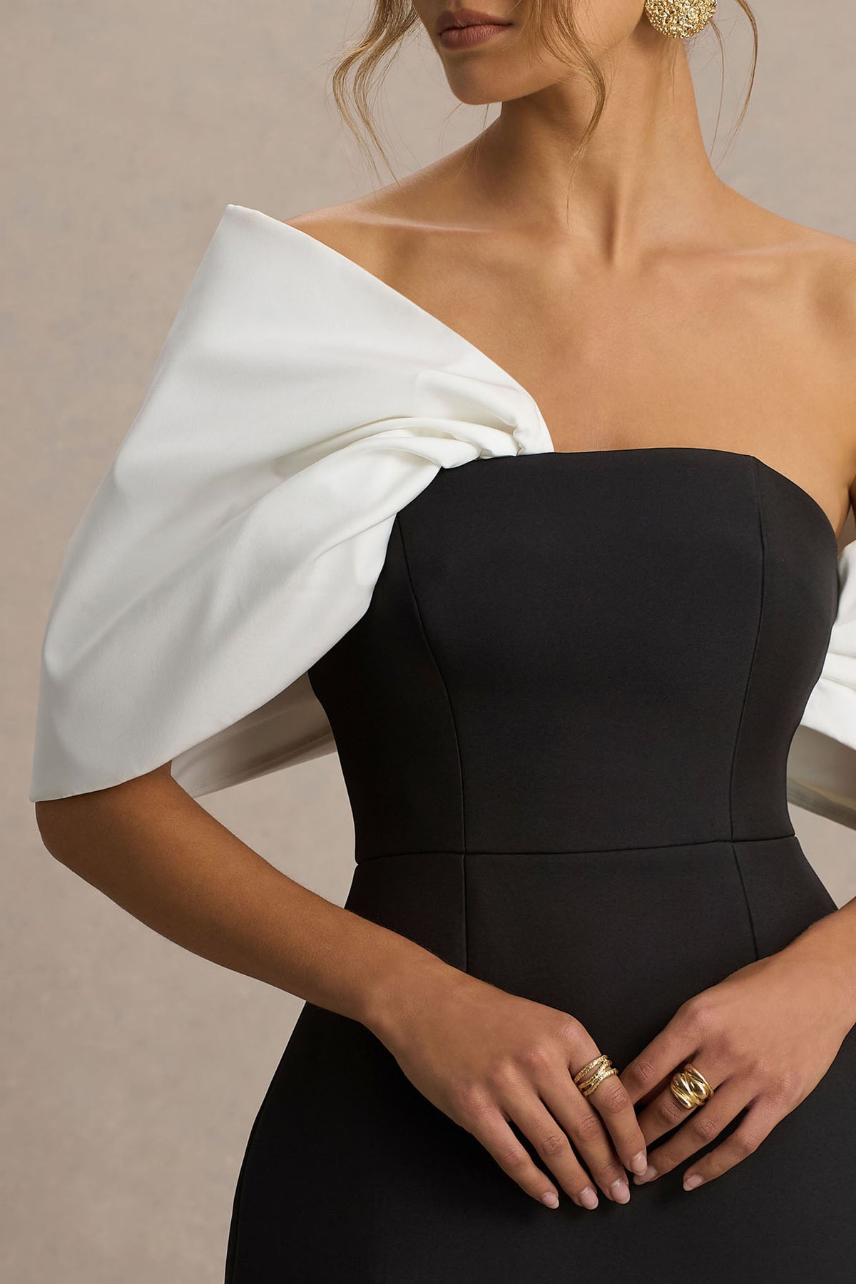 Black And White Satin Bandeau-Neck Mini Dress With Bow Sleeves
