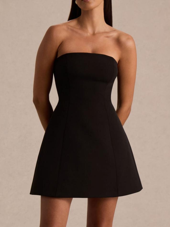 Black Bandeau-Neck Mini Dress With Scarf Detail