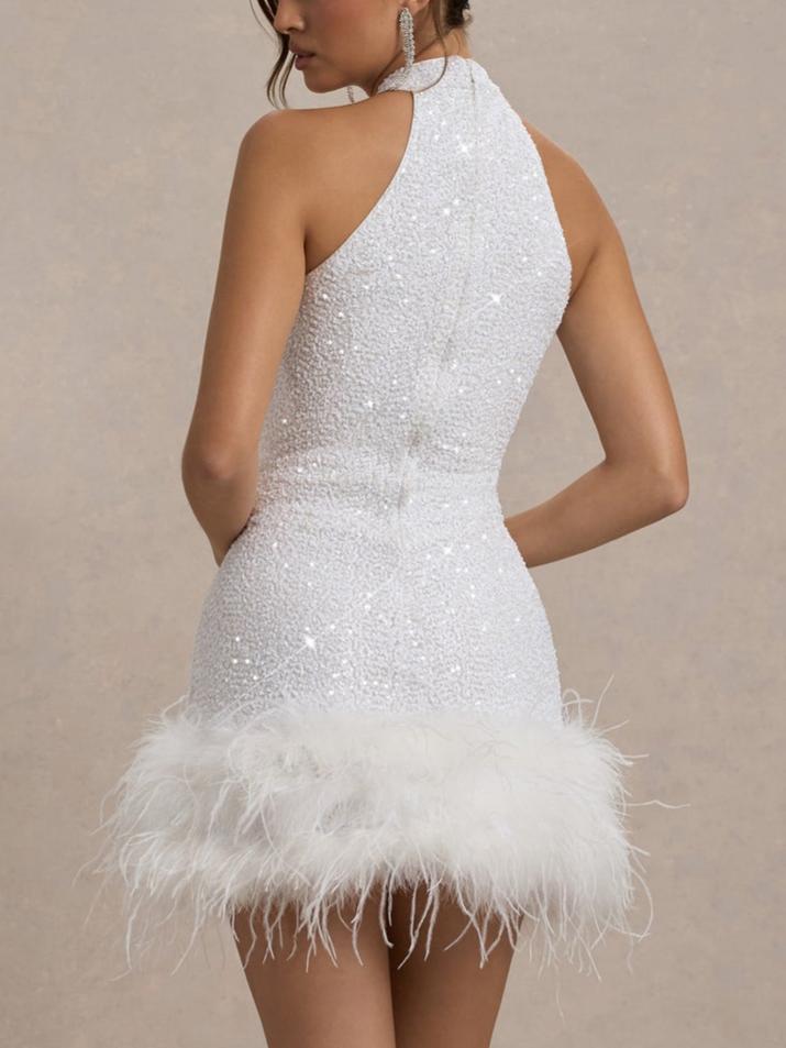 White Sequin High-Neck Feather Trim Mini Dress