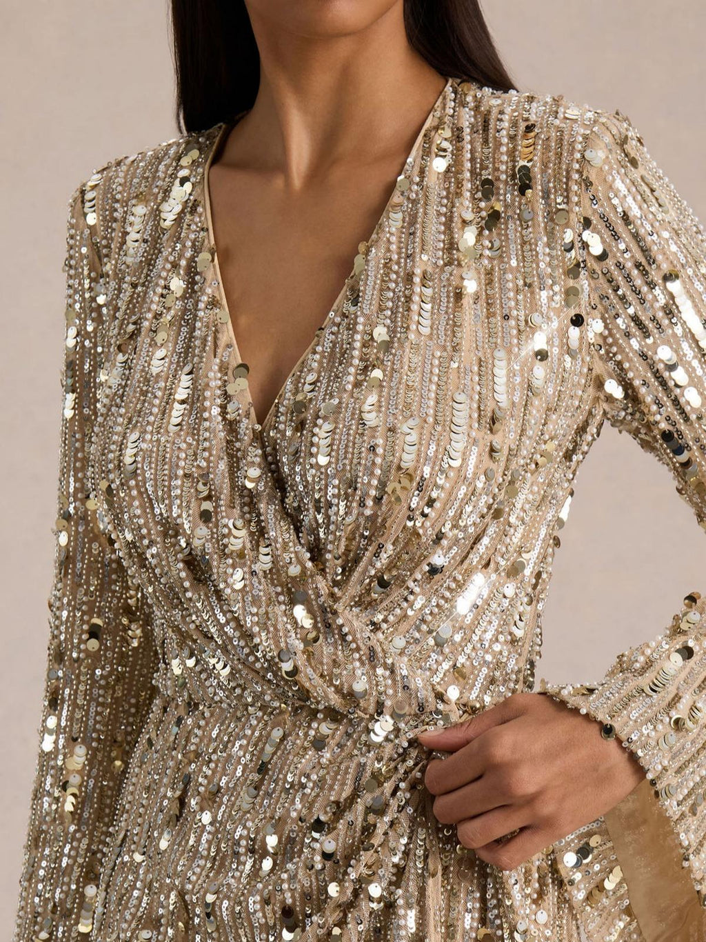 Sequin Plunge-Neck Wrap Mini Dress With Sash Detail