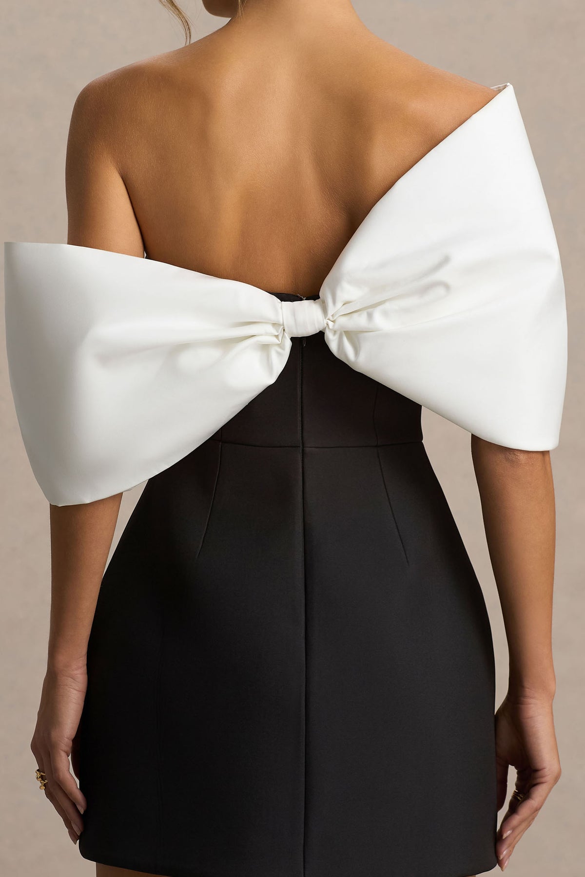 Black And White Satin Bandeau-Neck Mini Dress With Bow Sleeves