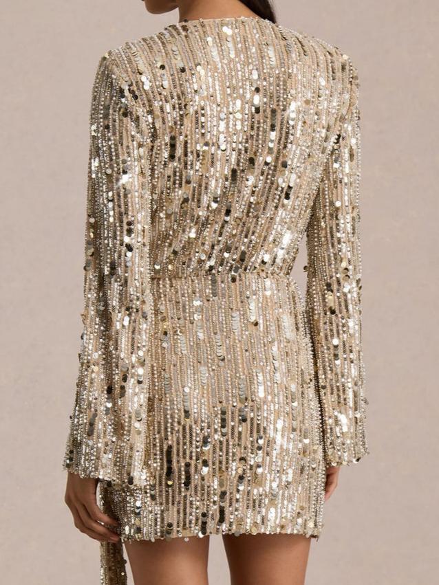 Sequin Plunge-Neck Wrap Mini Dress With Sash Detail